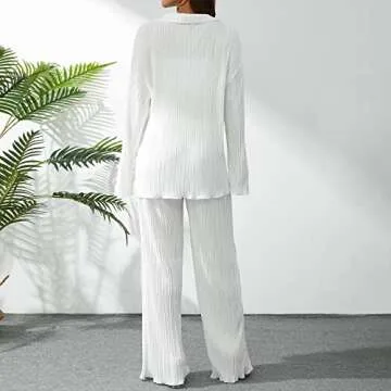 Miqil Women 2 Pieces Pants Set Loose Floral Print Button Down Long Sleeve Shirt Wide Leg Palazzo Pants Outfits Sweatsuit (B White, S)