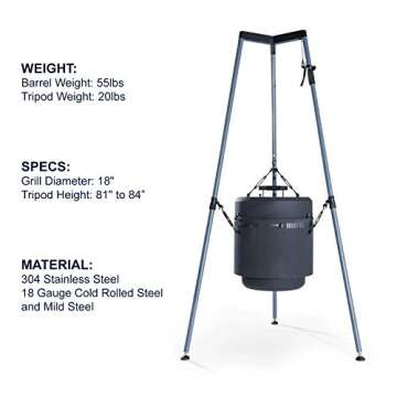 Burch Barrel BBQ Grill & Fire Pit Combo – Adjustable Hanging Grill & Smoker with Tripod System – Charcoal or Wood Pellet Outdoor Barbecue