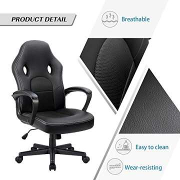 Furmax Gaming Chair Office Chair Leather Computer Desk Chair Racing Style Ergonomic Adjustable Swivel Task Chair with Lumbar Support and Arms (Black)