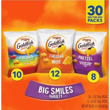 Goldfish Crackers Big Smiles Variety Pack with Cheddar, Colors, and Pretzels, Snack Packs, 30 Ct