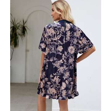 Aimiray Women's Vintage Velvet Dress Round Neck Short Sleeve Floral Printed Mini Flowy Dress(Black-XL)