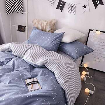 VM VOUGEMARKET 3 Piece Duvet Cover Sets Queen,100% Cotton Constellation Pattern Design Duvet Cover with 2 Pillowcases,Reversible Stripes Printed Bedding Set(Queen,Constellation)