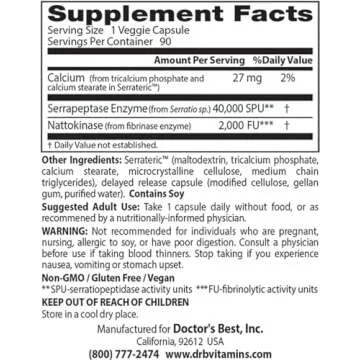 Doctors Best Natto-Serra, Supports Circulatory & Immune Health, Non-GMO, Vegan 90 Veggie Caps