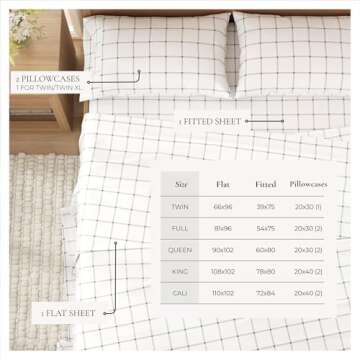 Flannel Sheet Set Queen Size - 100% Turkish Cotton, Double-Brushed, Printed Bed Sheets - Ultra-Soft, Cozy, 4-Piece Bedding Set (Windowpane - White/Grey)