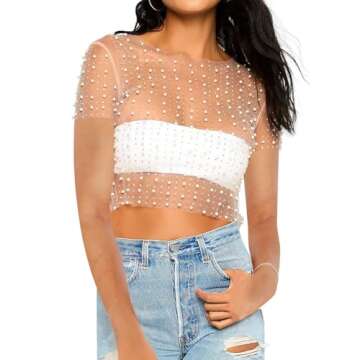 Naileksi Women Pearl Rhinestone Sheer Mesh Crop Tee Top Sexy See Through Short Sleeve Slim Fit Crop ...
