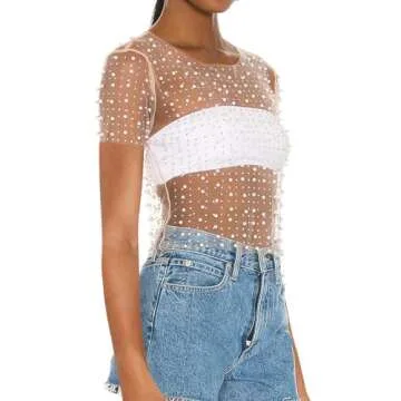 Naileksi Women Pearl Rhinestone Sheer Mesh Crop Tee Top Sexy See Through Short Sleeve Slim Fit Crop T-Shirt Club Summer(M,Nude)