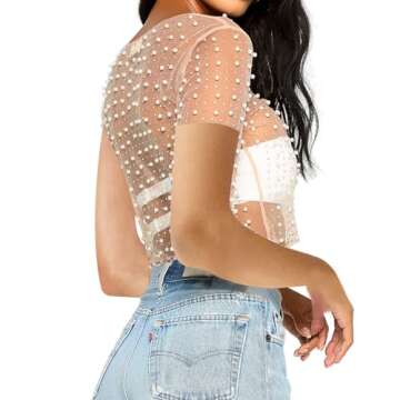 Naileksi Women Pearl Rhinestone Sheer Mesh Crop Tee Top Sexy See Through Short Sleeve Slim Fit Crop T-Shirt Club Summer(M,Nude)
