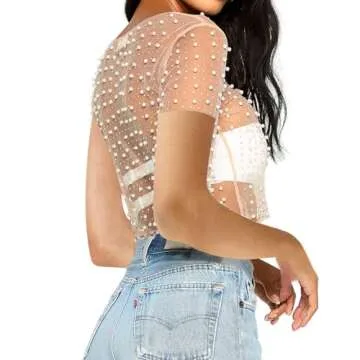 Naileksi Women Pearl Rhinestone Sheer Mesh Crop Tee Top Sexy See Through Short Sleeve Slim Fit Crop T-Shirt Club Summer(M,Nude)