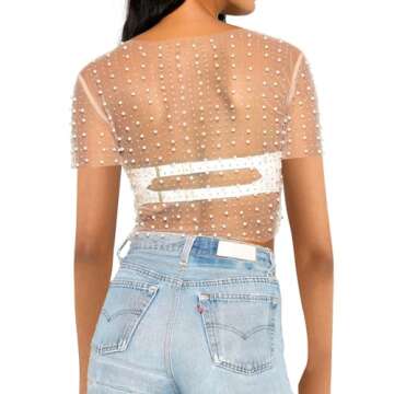 Naileksi Women Pearl Rhinestone Sheer Mesh Crop Tee Top Sexy See Through Short Sleeve Slim Fit Crop T-Shirt Club Summer(M,Nude)