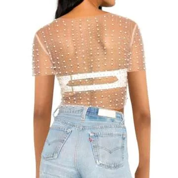 Naileksi Women Pearl Rhinestone Sheer Mesh Crop Tee Top Sexy See Through Short Sleeve Slim Fit Crop T-Shirt Club Summer(M,Nude)