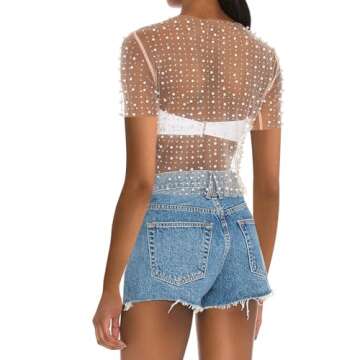 Naileksi Women Pearl Rhinestone Sheer Mesh Crop Tee Top Sexy See Through Short Sleeve Slim Fit Crop T-Shirt Club Summer(M,Nude)