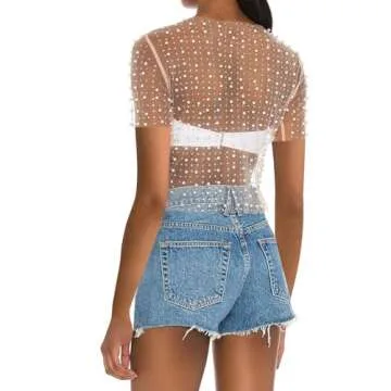 Naileksi Women Pearl Rhinestone Sheer Mesh Crop Tee Top Sexy See Through Short Sleeve Slim Fit Crop T-Shirt Club Summer(M,Nude)