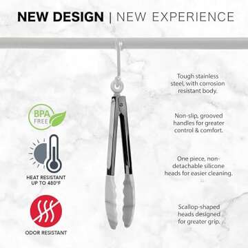 Country Kitchen Stainless Steel Silicone Tipped Kitchen Food BBQ and Cooking Tongs for Non Stick Cookware, BPA Fee, Stylish, Sturdy, Locking, Grill Tongs, Gunmetal, Tong Set, White Marble
