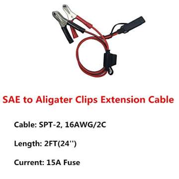 SAE to Aligater Clips Trickle Charger Extension Cable - Battery Charger Clamp 12V-24V Quick Disconnect Extension Cord 2FT 15A Alligator Clip for Pump Motorcycle Car Battery Solar Panels (2ft)