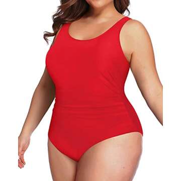 Daci Women Red Plus Size One Piece Swimsuit Athletic Tummy Control Ruched Bathing Suit with U-Back 1...