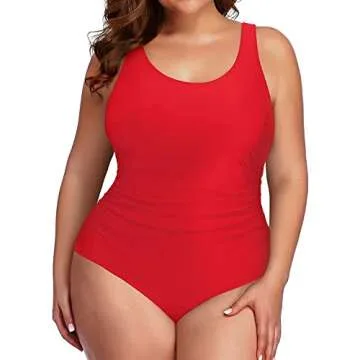 Daci Women Red Plus Size One Piece Swimsuit Athletic Tummy Control Ruched Bathing Suit with U-Back 18 Plus