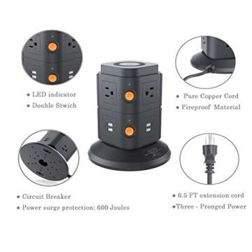 Power Strip Tower - Multi Outlets Surge Protector Wireless Charging Station with 6 Plug Outlets + 4 USB Ports, 6.5 FT Extension Cord Desktop Power Socket Tower for Home Office Room