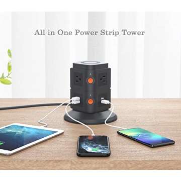 Power Strip Tower - Multi Outlets Surge Protector Wireless Charging Station with 6 Plug Outlets + 4 USB Ports, 6.5 FT Extension Cord Desktop Power Socket Tower for Home Office Room