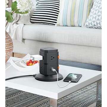 Power Strip Tower - Multi Outlets Surge Protector Wireless Charging Station with 6 Plug Outlets + 4 USB Ports, 6.5 FT Extension Cord Desktop Power Socket Tower for Home Office Room