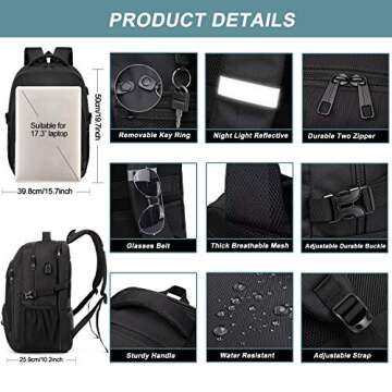 Extra Large Backpack for Men 50L,Water Resistant 17.3 inch Travel Laptop Backpack with USB Charging Port,TSA Friendly Big Business Anti Theft Computer Bag Work College School Bookbags Gifts,Black
