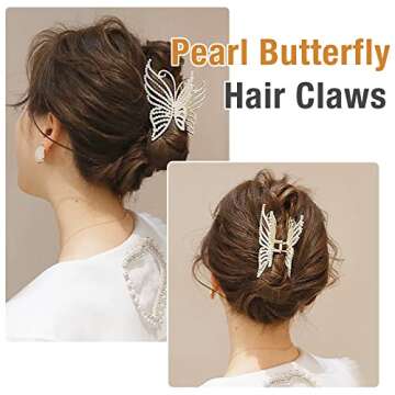 2Pcs Butterfly Pearl Hair Claw Clips, Large Non Slip Strong Hold Hair Jaw Clips Inlaid with Bling Pe...