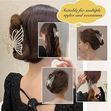 2Pcs Butterfly Pearl Hair Claw Clips, Large Non Slip Strong Hold Hair Jaw Clips Inlaid with Bling Pearls, Elegant Fairy-like Hair Accessories for Women Girls of Thick Thin Hair Headwear Gifts