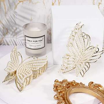 2Pcs Butterfly Pearl Hair Claw Clips, Large Non Slip Strong Hold Hair Jaw Clips Inlaid with Bling Pearls, Elegant Fairy-like Hair Accessories for Women Girls of Thick Thin Hair Headwear Gifts