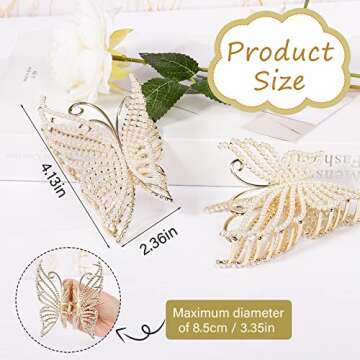 2Pcs Butterfly Pearl Hair Claw Clips, Large Non Slip Strong Hold Hair Jaw Clips Inlaid with Bling Pearls, Elegant Fairy-like Hair Accessories for Women Girls of Thick Thin Hair Headwear Gifts