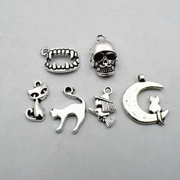 iloveDIYbeads Halloween Charm-100g(about 55-60pcs) Antique Silver Halloween Collection Craft Supplies Charms Pendants for Crafting, Jewelry Findings Making Accessory For DIY Necklace Bracelet (M001)