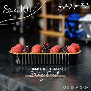 Spec101 Disposable Mini Loaf Pans with Lids and Spoons - Black and Gold 50pk Cake Bread Baking Aluminum Small Foil Pans