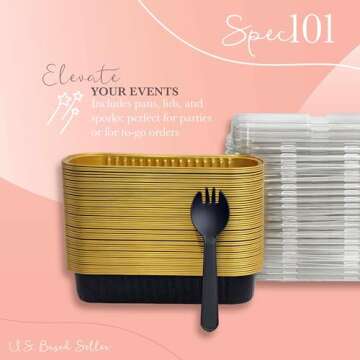 Spec101 Disposable Mini Loaf Pans with Lids and Spoons - Black and Gold 50pk Cake Bread Baking Aluminum Small Foil Pans