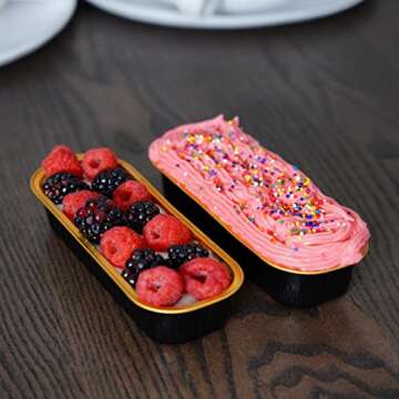 Spec101 Disposable Mini Loaf Pans with Lids and Spoons - Black and Gold 50pk Cake Bread Baking Aluminum Small Foil Pans