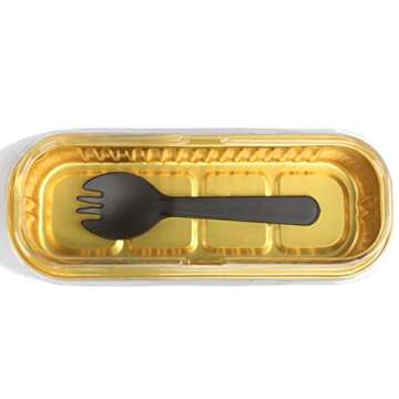 Spec101 Disposable Mini Loaf Pans with Lids and Spoons - Black and Gold 50pk Cake Bread Baking Aluminum Small Foil Pans