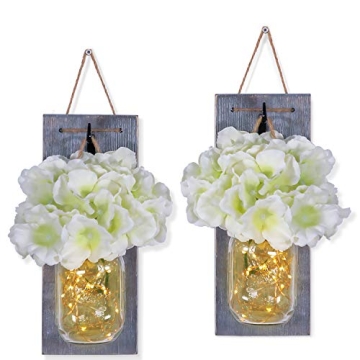 HABOM Mason Jar Sconce Wall Art Home Decor with LED Timer – Lighted Rustic Country Farmhouse Night...