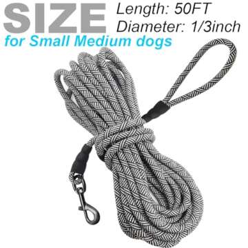 Mycicy 12, 15, 22, 30, 50, 75, 100ft Long Dog Leash Check Cord Recall Agility Long Line for Small Medium Dogs, Great for Training Outdoor, Camping, or Backyard (black-50 ft)