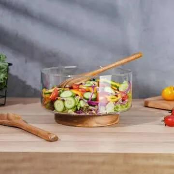 NiHome Glass Salad Bowl Set with Acacia Wood Base
