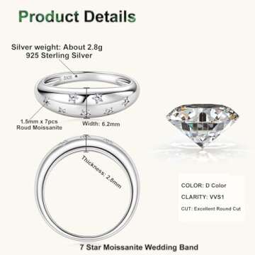 PROSTORY Moissanite Ring for Women D Color VVS1 Clarity 7 Star Ring 925 Sterling Silver Chunky Stackable Bands for Women or Men