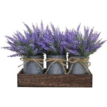 Set of 3 Small Potted Plants Arrangement Artificial Lavender Flower Plants in Rustic Galvanized Meta...