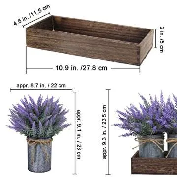 Set of 3 Small Potted Plants Arrangement Artificial Lavender Flower Plants in Rustic Galvanized Metal Pots with Decorative Wood Tray for Farmhouse Table Centerpiece Windowsill Country Indoor Decor
