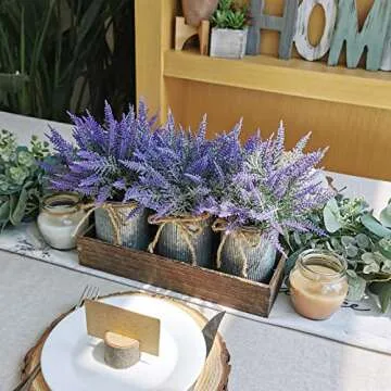 Set of 3 Small Potted Plants Arrangement Artificial Lavender Flower Plants in Rustic Galvanized Metal Pots with Decorative Wood Tray for Farmhouse Table Centerpiece Windowsill Country Indoor Decor