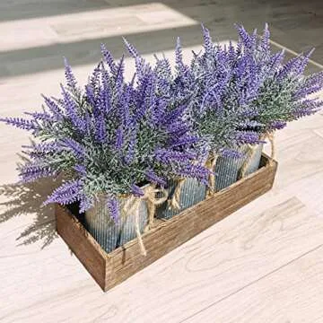 Set of 3 Small Potted Plants Arrangement Artificial Lavender Flower Plants in Rustic Galvanized Metal Pots with Decorative Wood Tray for Farmhouse Table Centerpiece Windowsill Country Indoor Decor