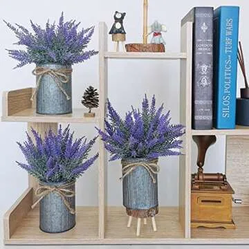 Set of 3 Small Potted Plants Arrangement Artificial Lavender Flower Plants in Rustic Galvanized Metal Pots with Decorative Wood Tray for Farmhouse Table Centerpiece Windowsill Country Indoor Decor