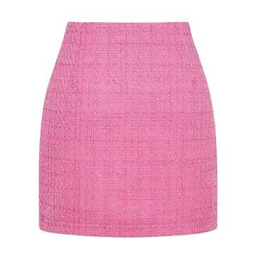 Womens Tweed Plaid Mini Skirt Fall Winter High Waisted Bodycon Pencil Skirt (Tweed Pink, XS)