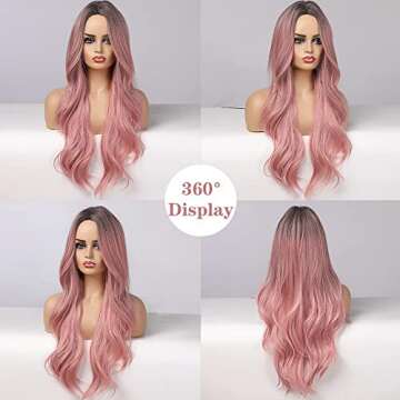 Swetcurly Long Pink Wigs for Women Pink Wig Ombre Wigs Glueless Natural Hair Synthetic Wigs Middle Part Wig Heat Resistant 24Inch