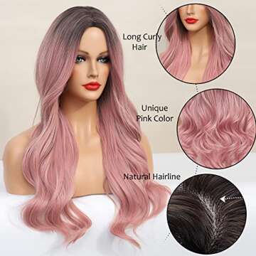 Swetcurly Long Pink Wigs for Women Pink Wig Ombre Wigs Glueless Natural Hair Synthetic Wigs Middle Part Wig Heat Resistant 24Inch