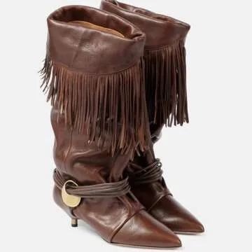 CAGLGLZ Brown Mid Calf Boots for Women Fringe Tassel Fold Over Cowgirl Boots Western Pointed Toe Kitten Low Heel Slouchy Pull On Fall Boots(Brown,8)
