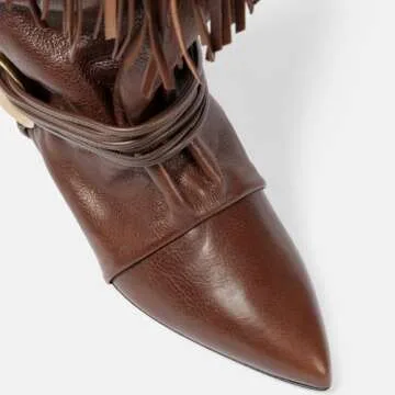 CAGLGLZ Brown Mid Calf Boots for Women Fringe Tassel Fold Over Cowgirl Boots Western Pointed Toe Kitten Low Heel Slouchy Pull On Fall Boots(Brown,8)