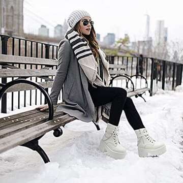 CYNLLIO Women's Ankle Boots Chain Gothic Platform Boots White Chunky Heel Booties