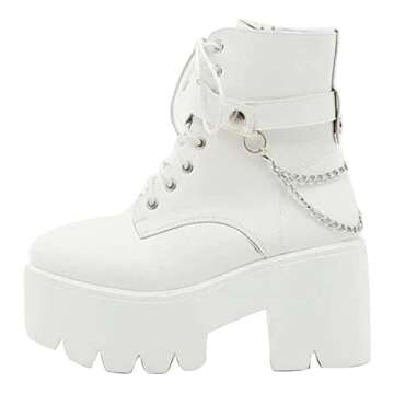 CYNLLIO Women's Ankle Boots Chain Gothic Platform Boots White Chunky Heel Booties