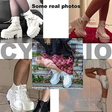 CYNLLIO Women's Ankle Boots Chain Gothic Platform Boots White Chunky Heel Booties